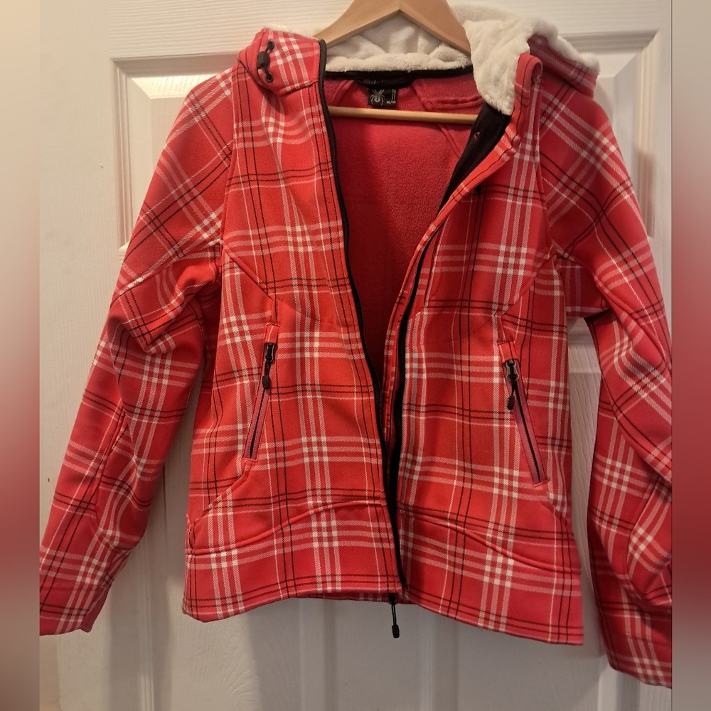 Vibrant Pink Plaid Spyder Jacket With Fuzzy Hood